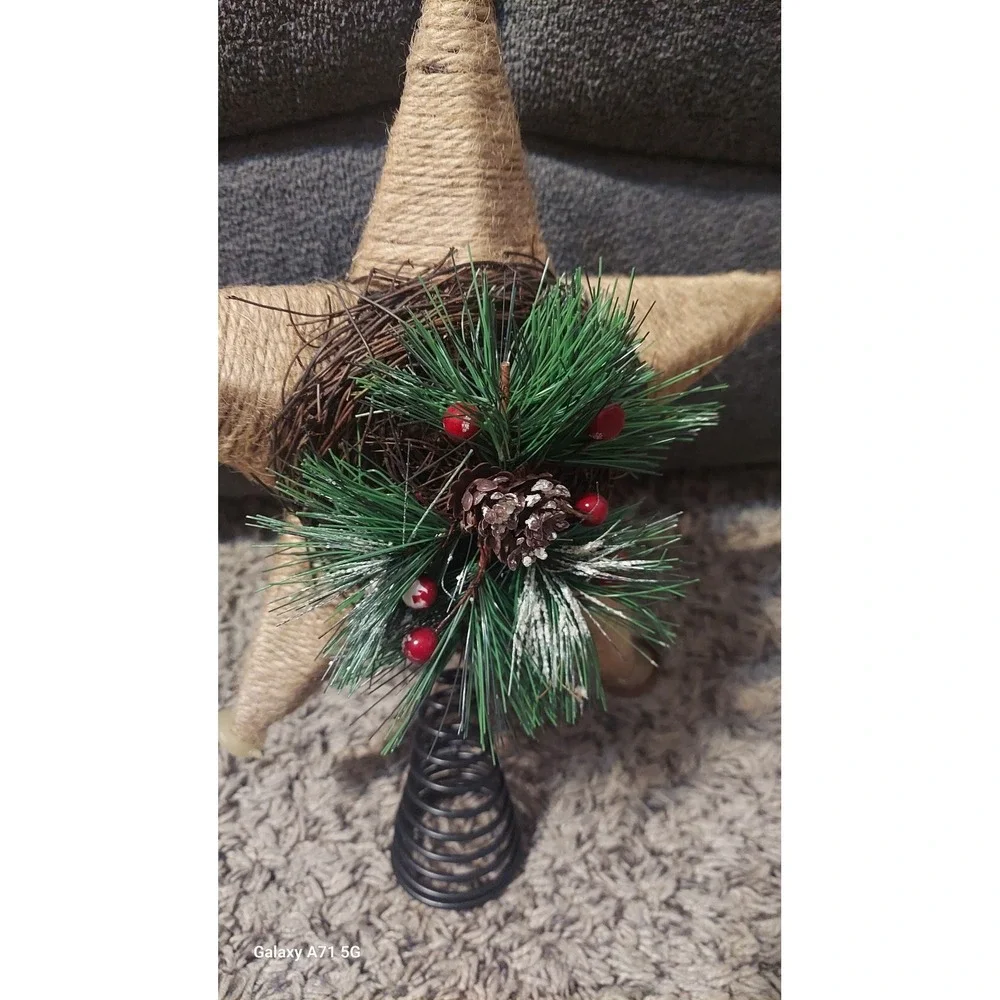 Rustic Jute Burlap Brown Star Snowflake Christmas Tree‎ Topper Holly Greenery